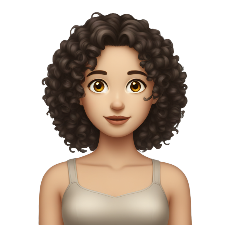 絵文字：白い肌の黒髪の長く豊かなカールヘアと茶色の瞳を持つ白人女性、ナチュラルメイク