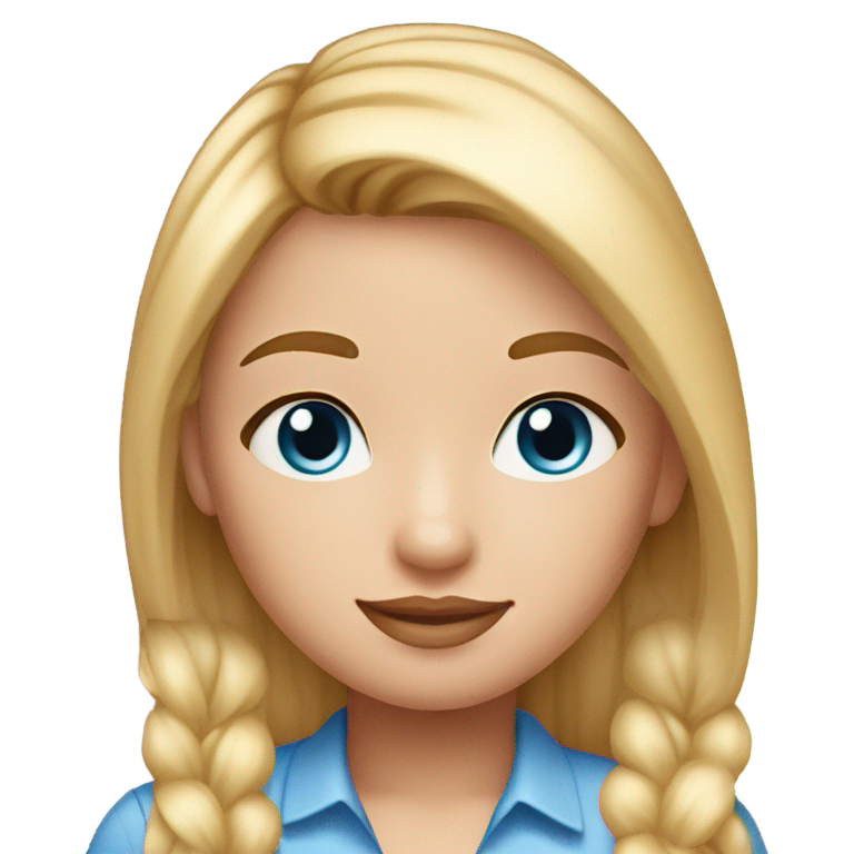 genmoji : Fille aux cheveux blonds lisses avec une raie droite, yeux bleus, longs cils, traits doux et joues rosées.