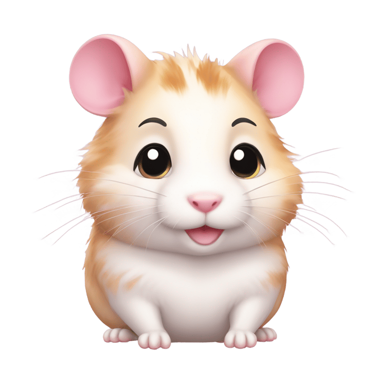 絵文字：Hamphrey is an anthropomorphic hamster with light pink fur and rosy cheeks. His eyes are big and bright, and he has a friendly smile. Hamphrey wears a white shirt with colored polka dots