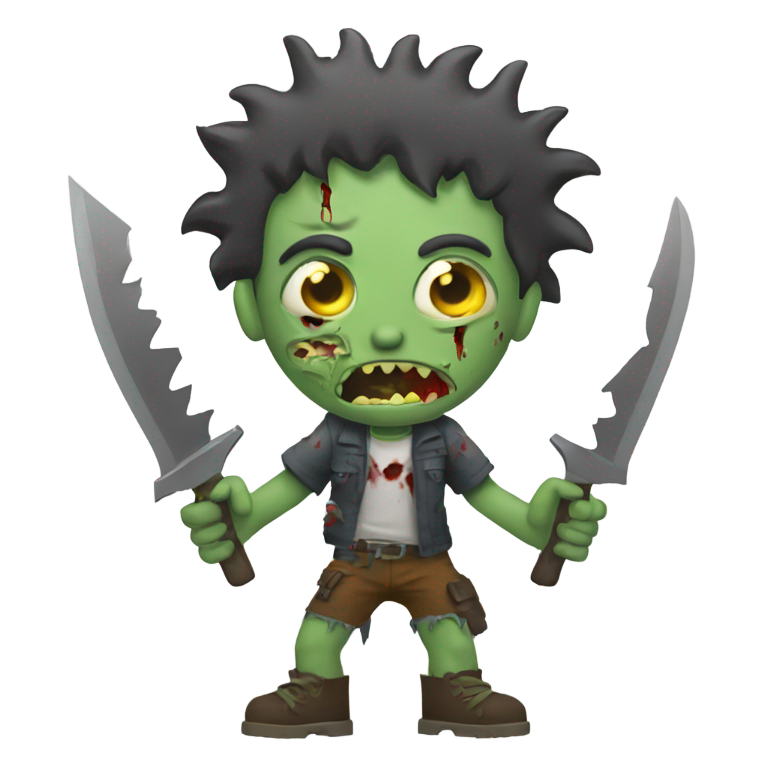 genmoji : Un zombie tenant une lame de scie d'une main et une tête de femme de l'autre.