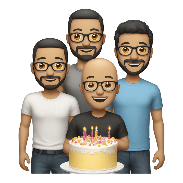 genmoji：三个人，皮肤白皙，围着蛋糕庆祝生日。其中一个光头，戴着眼镜，耳机和麦克风。另一个有胡子，黑发，戴眼镜。第三个光头，戴着帽子。