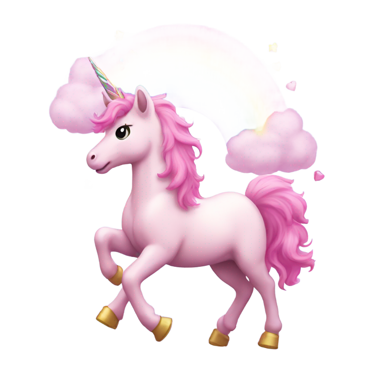 genmoji: a pink fluffy unicorn dancing on a rainbow