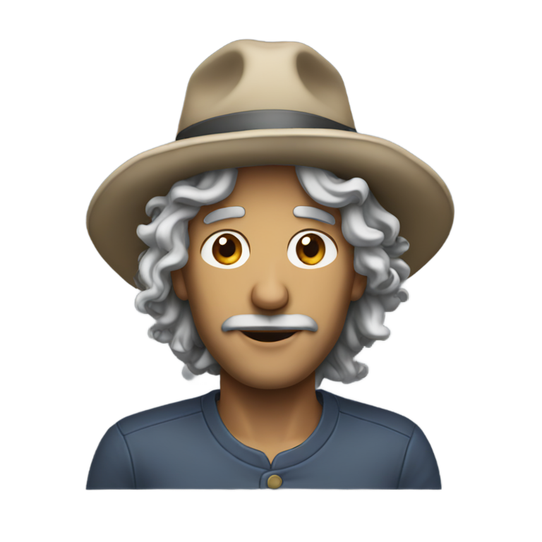 genmoji: Guy with hat with no bill and long curly grey hair and long nose