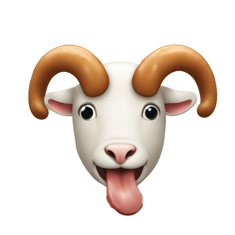 絵文字：a smiley face with a sausage in its mouth and ram's horns.