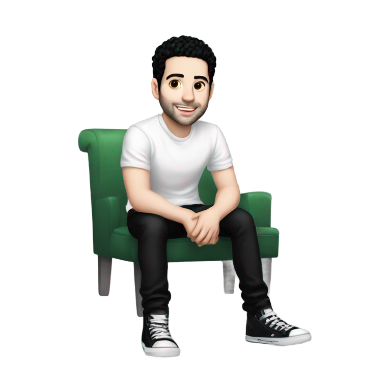 genmoji : Samm Levine portant une chemise blanche, des shorts noirs et des chaussures noires, assis sur le canapé.