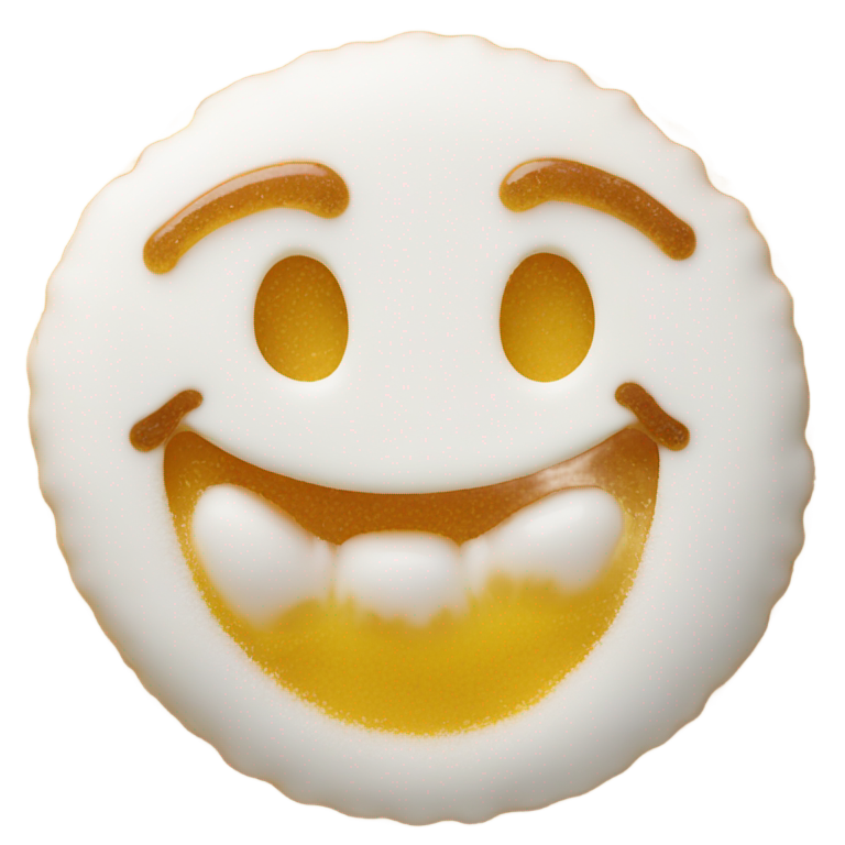 genmoji: emoji smiley face covered in sugar glaze melted white sugar on face grinning