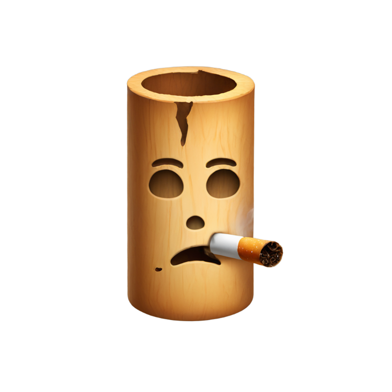 genmoji: A wood cylinder with facial features smoking a cigarette