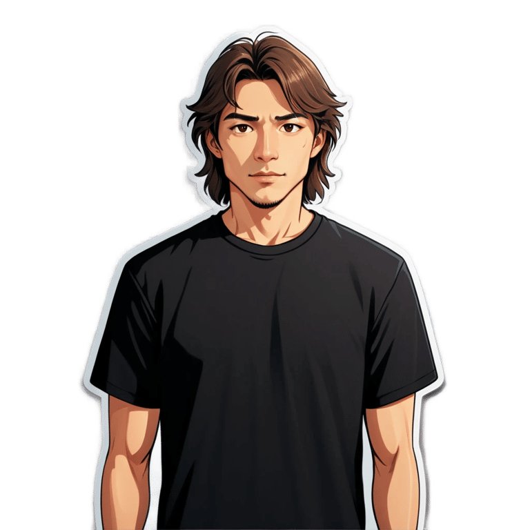 genmoji : Un homme à la peau couleur amande, aux yeux marron, avec une coupe mullet courte sans dégradé, portant un t-shirt noir ample.