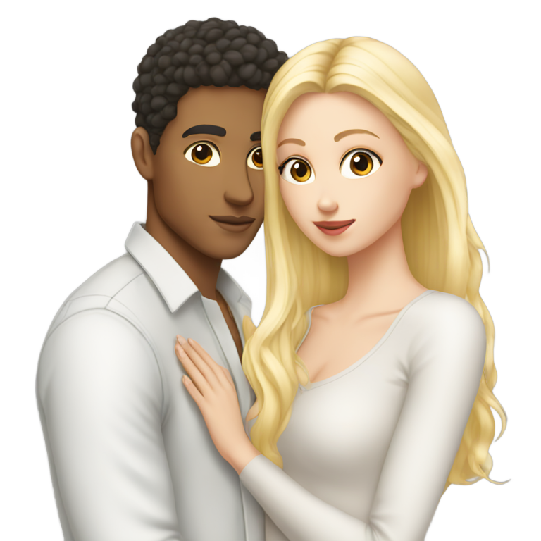 genmoji：一个混血男孩亲吻一个白人女孩，她有一头铂金色的头发。