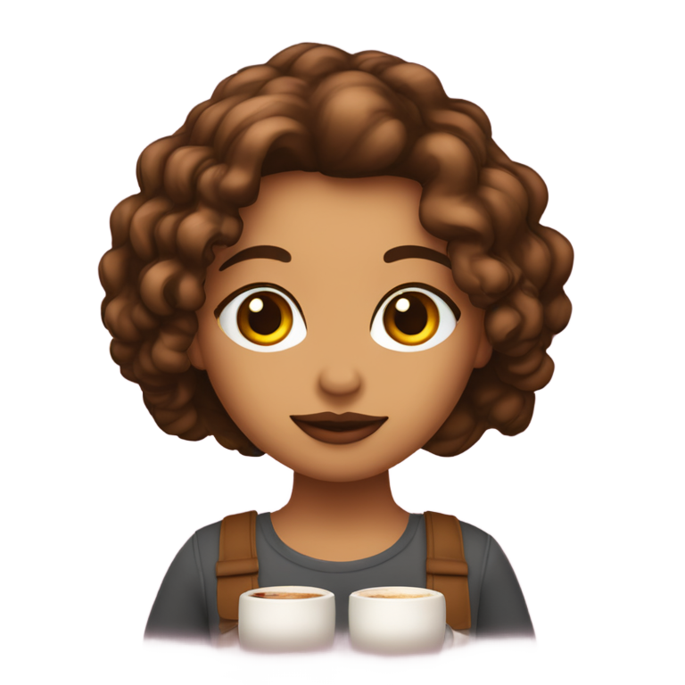 絵文字：暗褐色の長いウェーブヘアの女の子、薄いシナモンの肌、茶色の目、少しのメイク