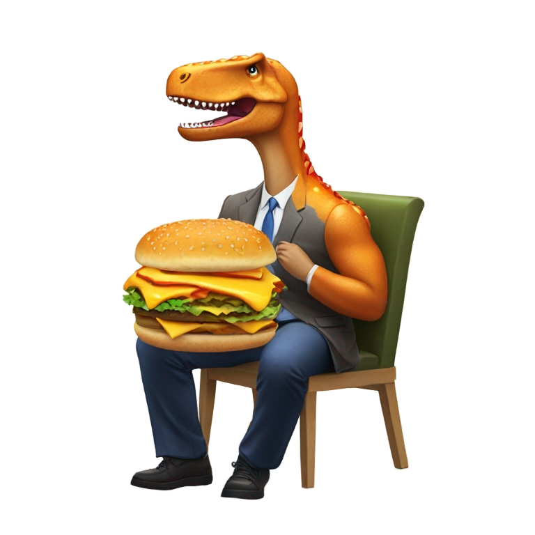 絵文字：トランプの顔のチーズバーガーを食べる虹色の恐竜が椅子でサーフィンする