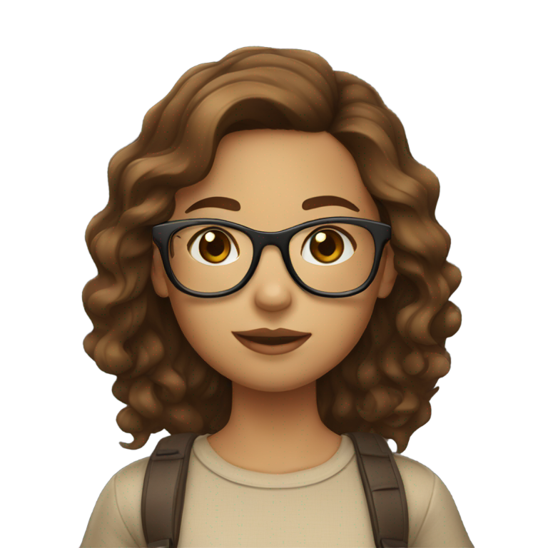 genmoji: a girl with wavy brown hair, with glasses and tan, brownish skin, HOLDING A CAMERA