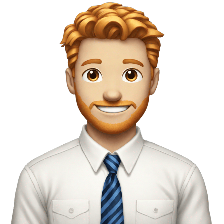 genmoji : Ado roux, chemise blanche boutonnée, cravate rayée bleue, cheveux raides avec raie sur le côté, sourire, yeux noisette, musclé
