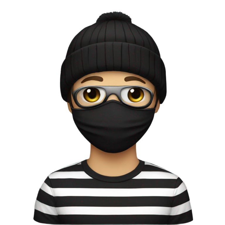 genmoji : Chemise à rayures noires et blanches, bonnet noir, masque noir sur les yeux