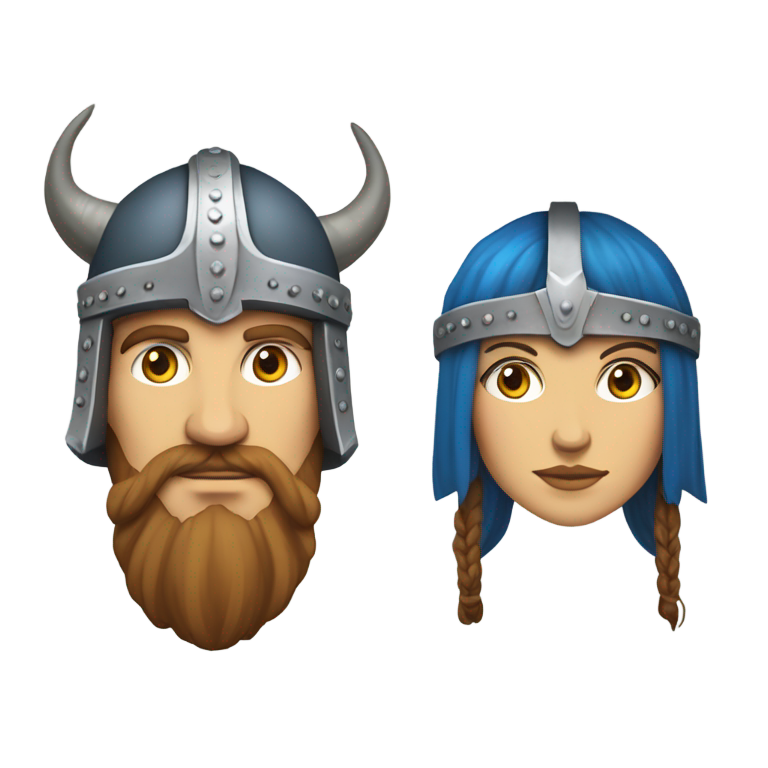 genmoji : Une femme et un homme vikings aux yeux bleus, portant des casques à cornes.