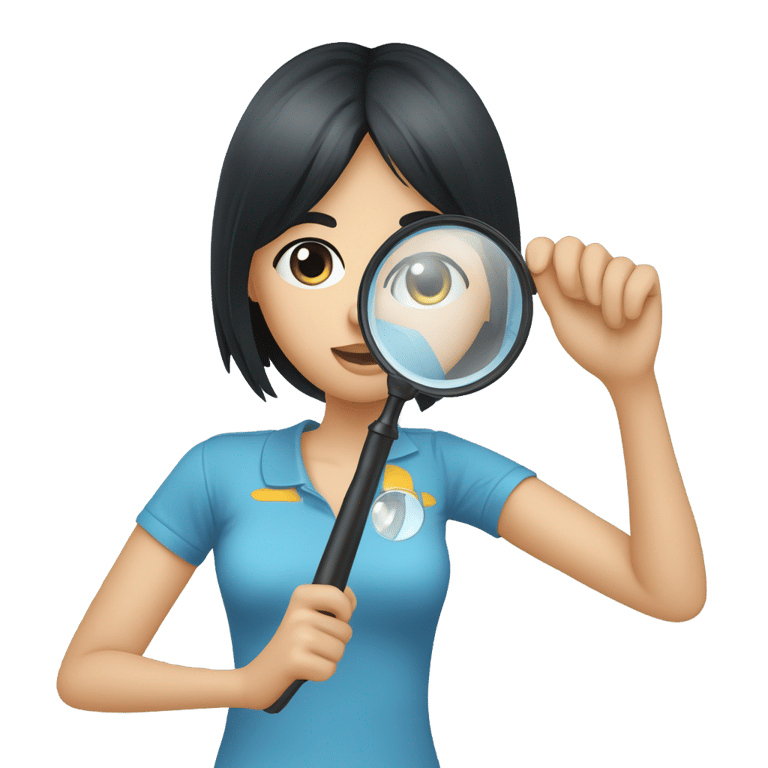 genmoji：A girl with black hair wearing blue polo t-shirt holding a magnifying glass to her eye front perspective