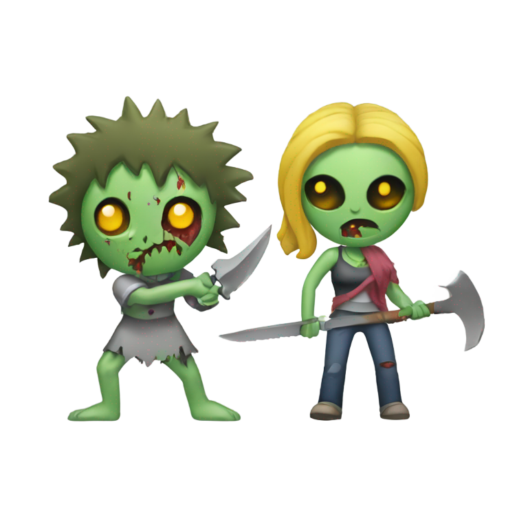 genmoji : Un zombie avec une lame de scie et une tête de femme humaine dans l'autre main