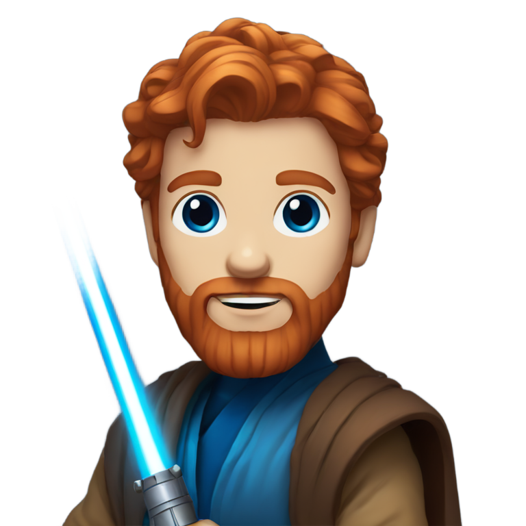 genmoji: Red hair, blue eyes Bearded jedi with blue light saber