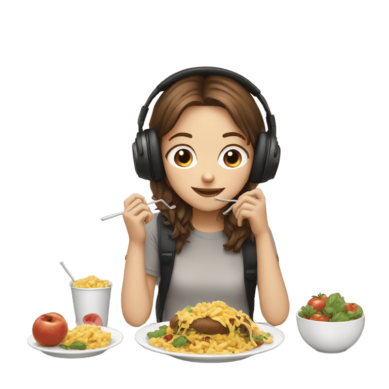 genmoji : girl with brown hair and black headphones eating food
