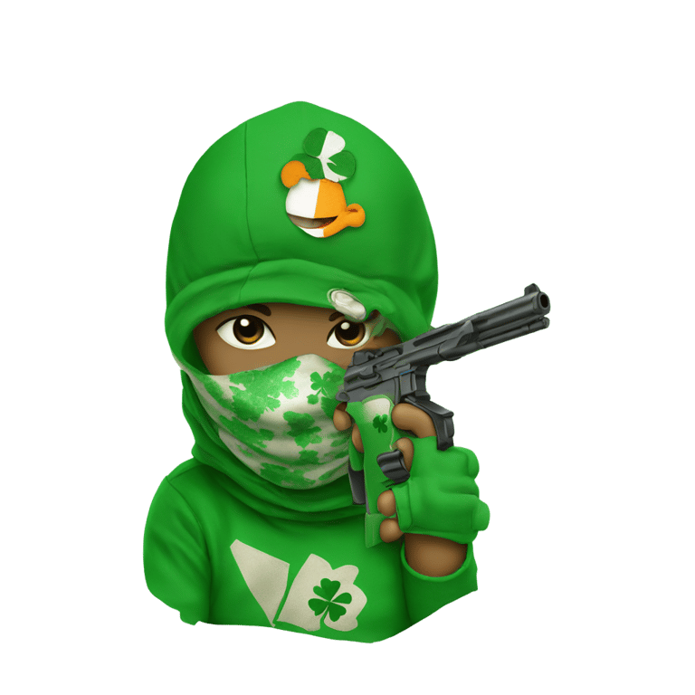 genmoji : Bébé avec un pistolet portant une cagoule aux couleurs du drapeau irlandais