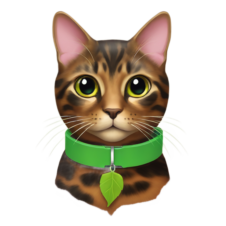 genmoji：玳瑁猫戴着紫红色细猫项圈，项圈上有绿色叶形标签