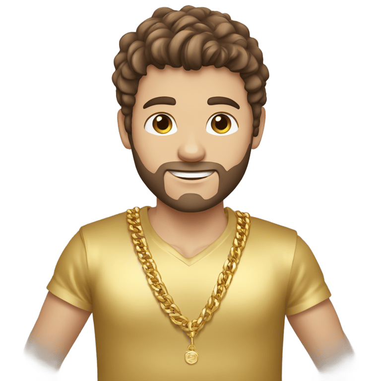 genmoji：棕发白人男性，穿着金色衬衫，戴着金链和金腕带。