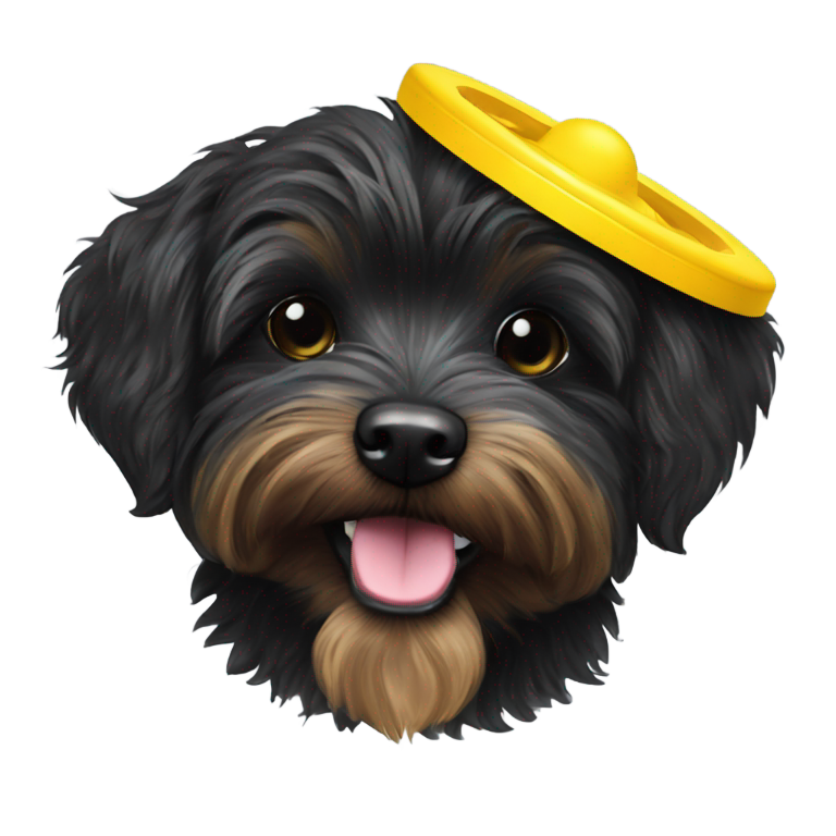 genmoji：快乐可爱的黑色约克普犬与黄色飞盘