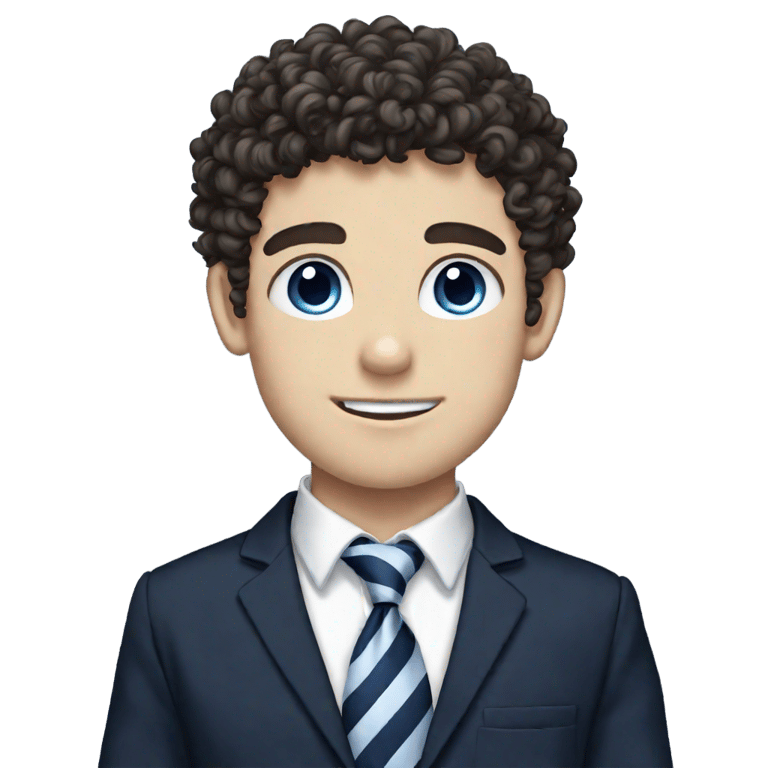 genmoji : Adolescent britannique aux yeux bleus et cheveux noirs bouclés, uniforme scolaire avec cravate bleue à rayures, chemise blanche, blazer noir avec un "T" bleu marine sur la poche, grandes oreilles et sourcils broussailleux.