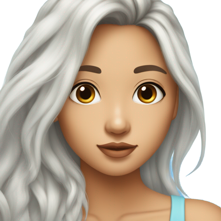 genmoji : Une jeune femme taïwanaise pleine de vie, à la peau très bronzée et aux longs cheveux épais et blancs comme neige, portant un mini débardeur bleu très clair.