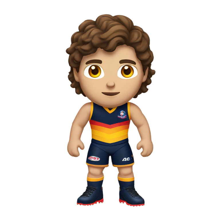 genmoji : Joueur de l'AFL des Adelaide Crows, cheveux bruns, peau dorée, yeux marron, en pied.