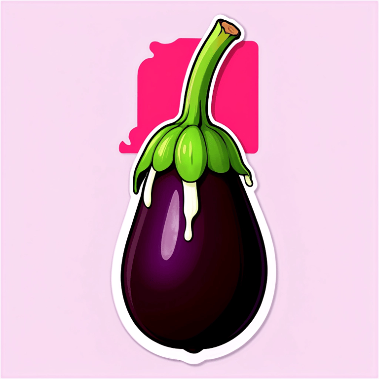 genmoji：中间弯曲的软茄子，绿色茎部朝下，尖端滴落白色液体。