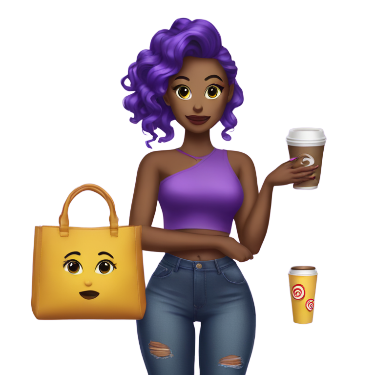genmoji: Make a beautiful baddie coming out of with a target bag and a coffee with long purple nails, and a hair clip