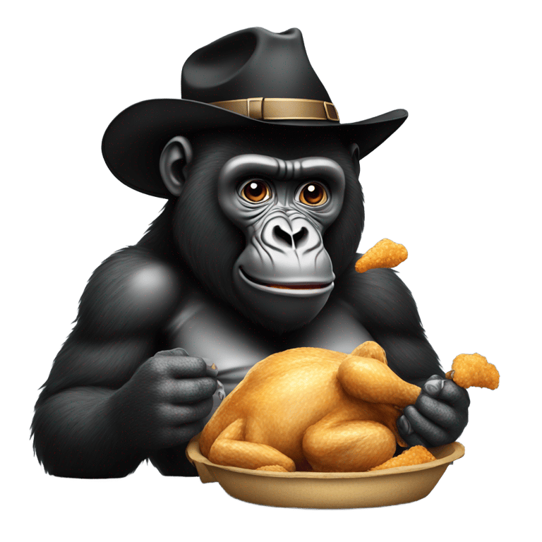 genmoji：Black gorilla eating chicken wearing a 10 gallon hat
