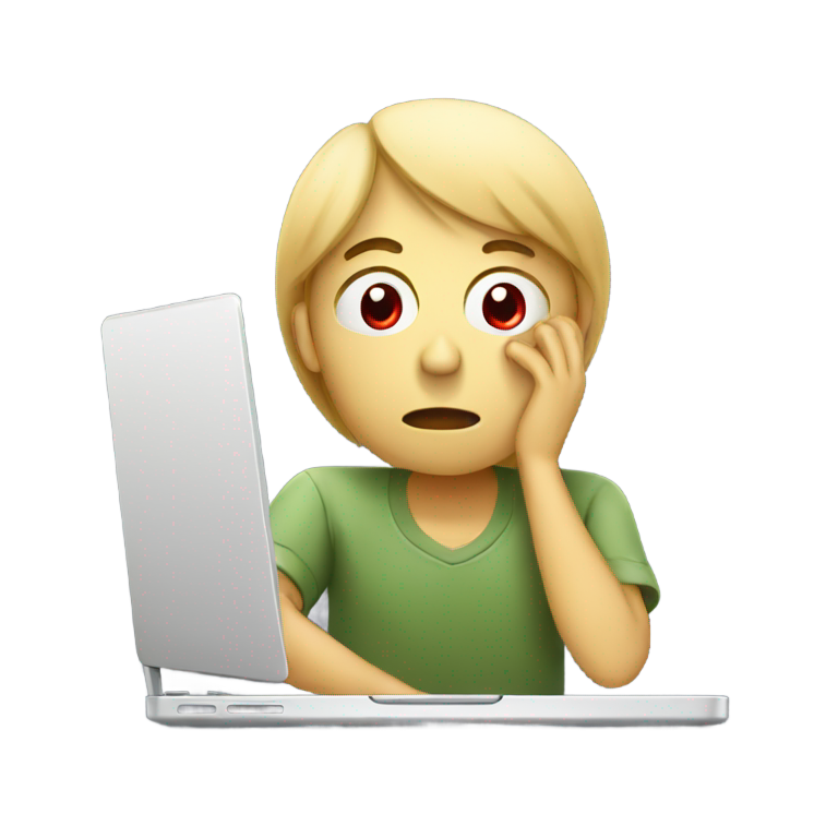 genmoji：tired student with tired red eyes working on laptop before deadline