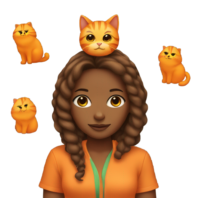 絵文字：オレンジの猫のコスチュームを着て、髪と体を覆っている黒人女性