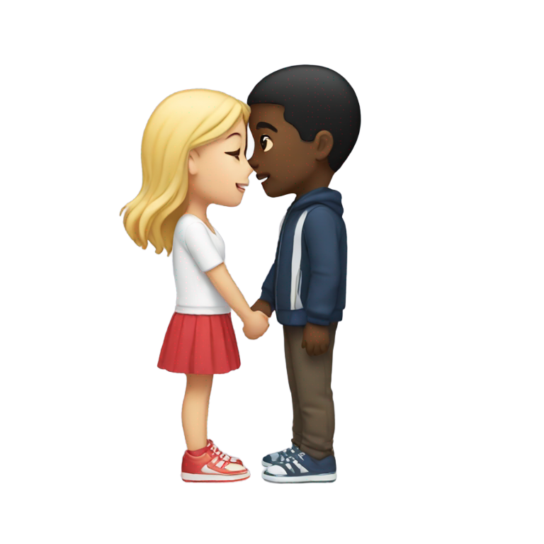絵文字：黒い男の子と白い女の子がキスしている