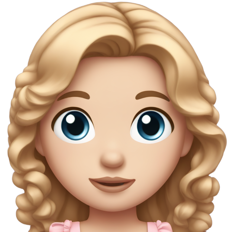 genmoji: Genmoji girl with fair skin, long brown hair in a black ribbon, soft pink ruffle dress, big blue eyes, rosy cheeks, and a sweet doll-like look.