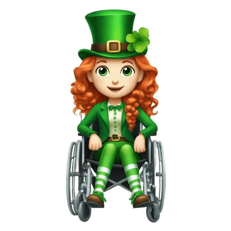 genmoji : Leprechaun girl in a wheelchair blue eyes red hair