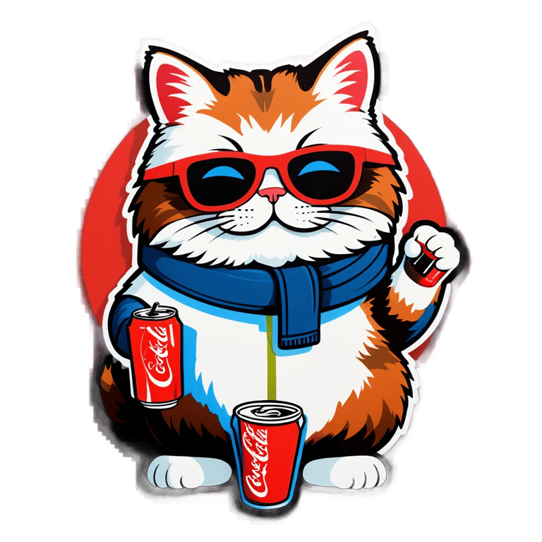 絵文字：サングラスをかけ、コーラを飲みながらスキーするふわふわの猫