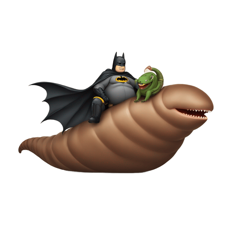genmoji : Batman obèse chevauchant un ver de terre obèse