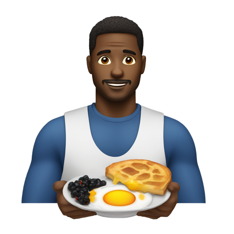 genmoji : 50 % point d'interrogation, 50 % homme noir avec des aliments pour le petit déjeuner