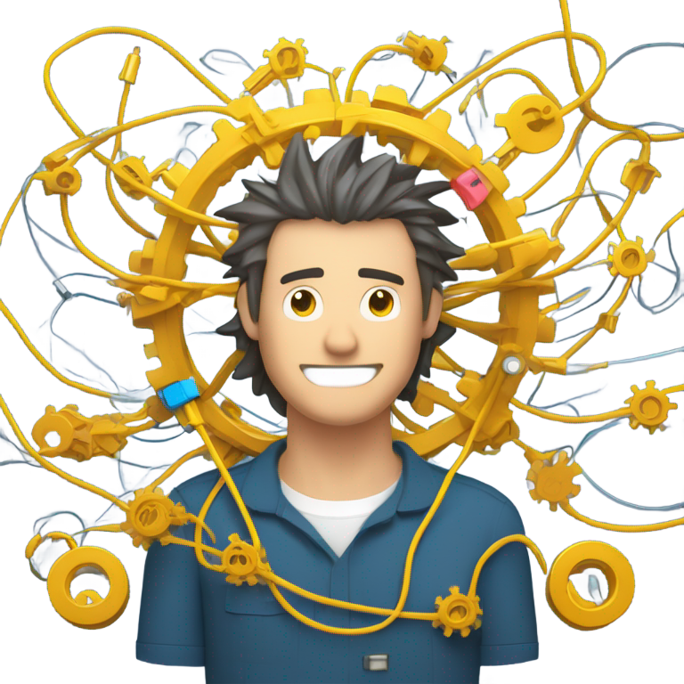 genmoji：一个被缠绕电缆淹没的沮丧工程师，周围是无尽的表格和复选框。每一次小的调整都会引发齿轮、警告标志和旋转加载图标的混乱爆炸。背景是一片数字迷宫，充满了令人困惑的设置和滑块。