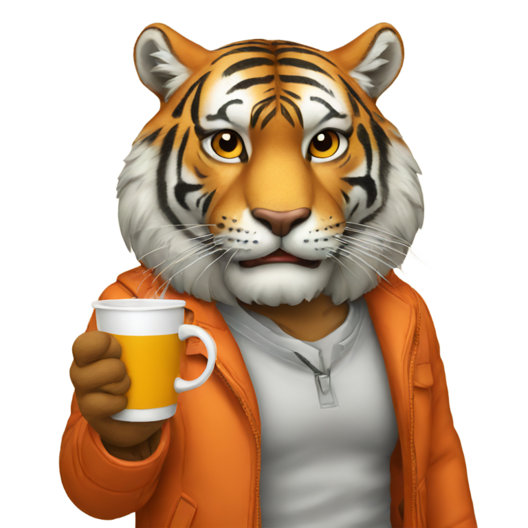 genmoji : Tigre buvant du café portant une veste orange