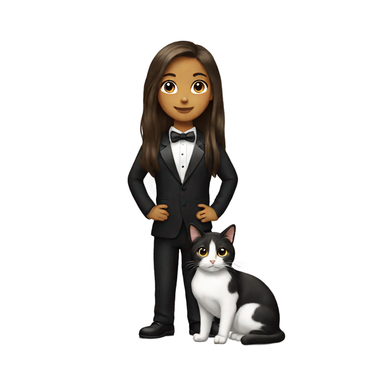 genmoji : Girl with long brunette hair and a tuxedo cat