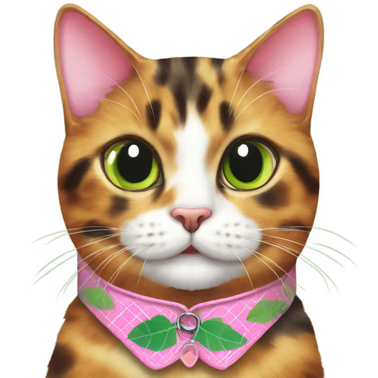genmoji：玳瑁猫戴着粉色菱形图案猫项圈，绿色叶形吊牌