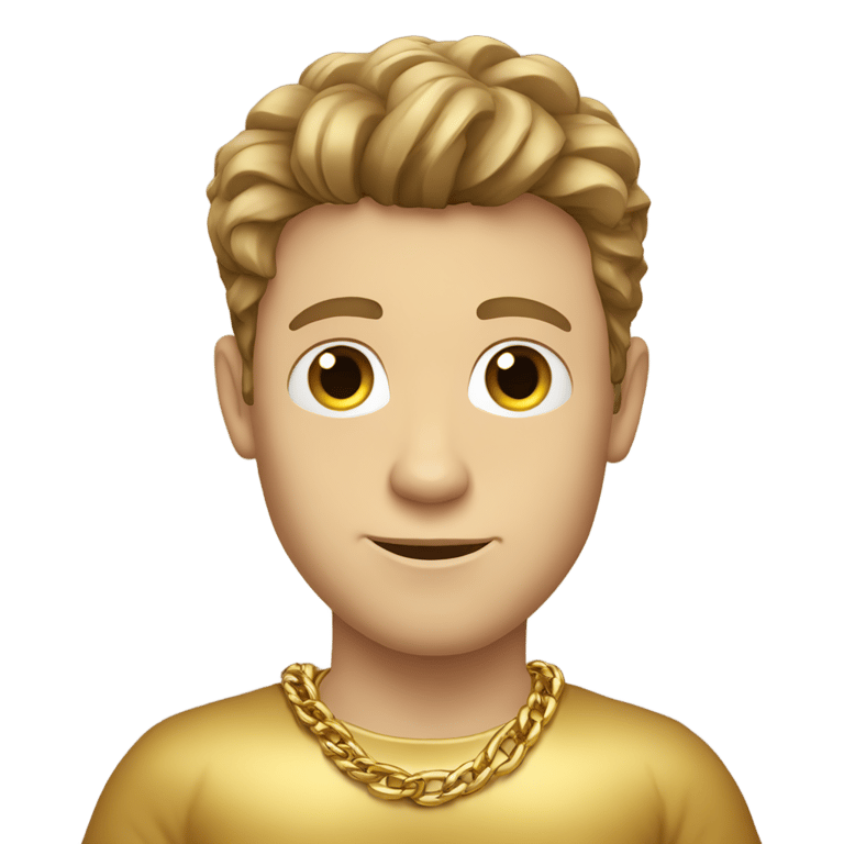 genmoji : Homme caucasien avec une chemise dorée, des chaînes et des bracelets dorés, et des cheveux bruns.