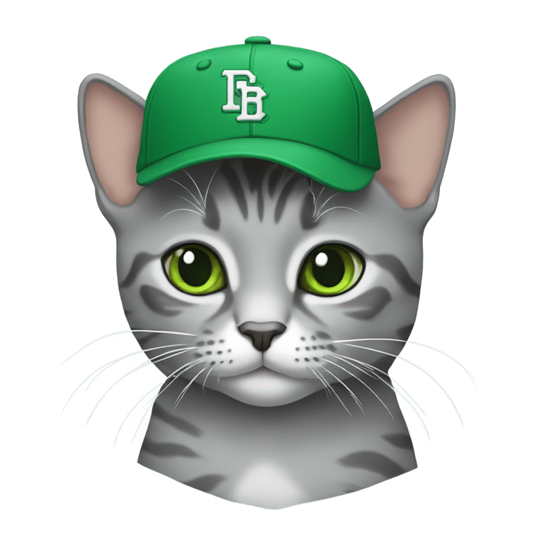 絵文字：Gray shorthair cat with green celtics baseball cap