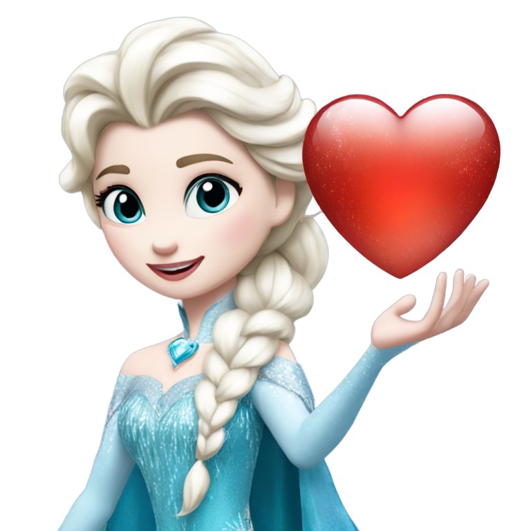 genmoji : Elsa tenant un cœur rouge lumineux, neige et glace