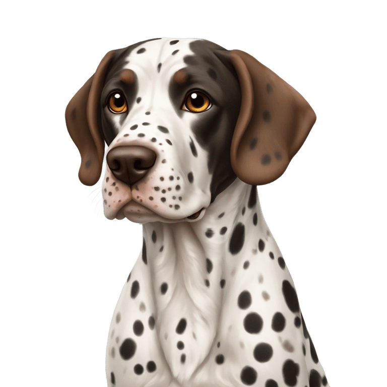 genmoji: Britney spaniel dog (freckles and red spots) with German shorthair dog (black spots, black head, roan white/black body)