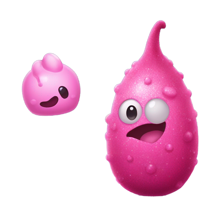 genmoji：粉红色闪亮的瓦多克里姆（vadokrium）旁边有一个阴暗的弯曲贝塔罗普（bentaropple）。